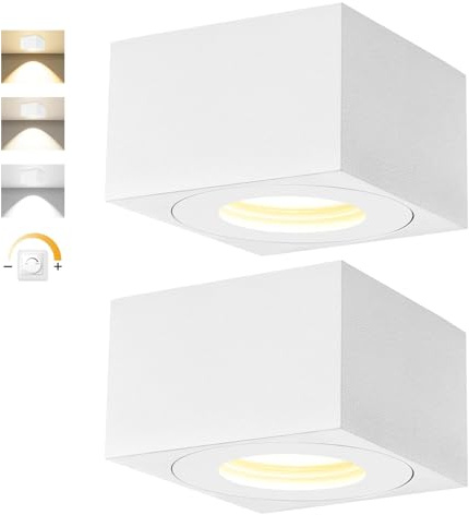URing 2x LED Aufbauspot Eckig Dimmbar, IP44 Aufbauspots, Ø80x50mm Flach Deckenspots Weiß, inkl. 5W 550LM LED Modul 230V, 3CCT 3000K/4000K/6500K Aufputz Spots, Aluminium Aufbaustrahler Deckenleuchte