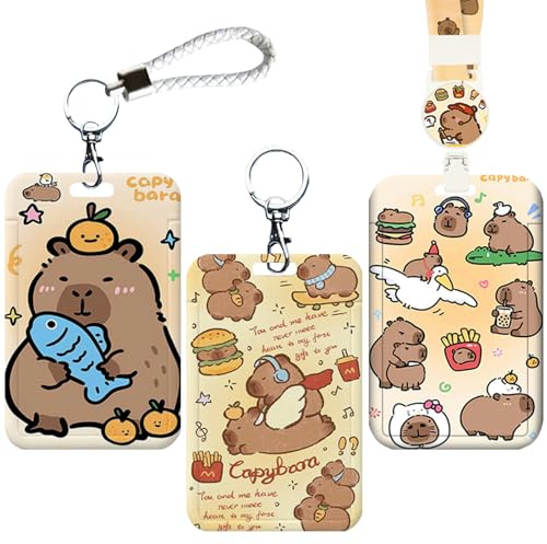 ZenyTra 3-in-1 Ausweishalter Set – Verstellbare Halskette, Schlüsselanhänger & Lederband Mit Sicherheitsclip – Lustiger Cartoon-ID-Halter Für Schule, Büro, ÖPNV,Kinder/Erwachsene(Capybara)