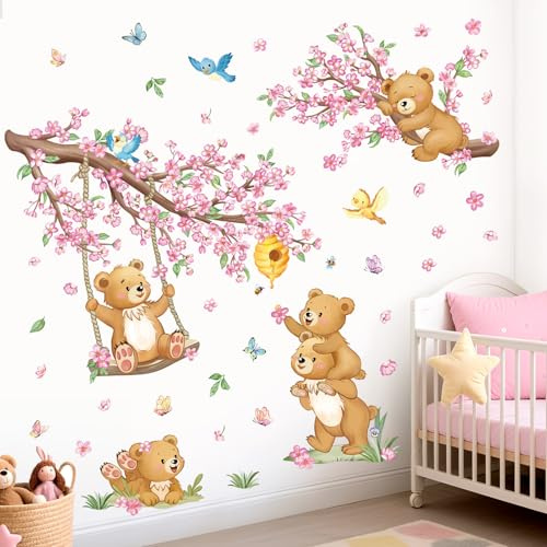 wondever Stickers Muraux Fleurs Cerisier Branche Autocollants Muraux Ours | Décoration Murale Peel & Stick, Décoration Bébé Pépinière Chambre Enfants Fille, Couleurs Vives et Nettes, Amovibles