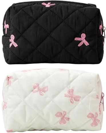 MLPKOI 2PCS Petite Trousse de Maquillage pour Sac à Main, Trousse de Toilette de Voyage Cosmétiques à Glissière Portable avec Texture Plissée en Relief, Pendentif Nœud et Perle (Rose et Noir)