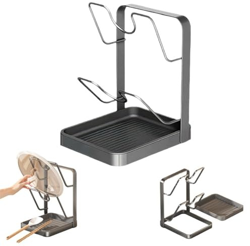 Kitchen Pot Lid Storage Rack, 304 Stainless Steel Pot Lid Holder While Cooking, Multifunctional Kitchen Pot Cover Organizer for Countertop, With Removable Drip Tray