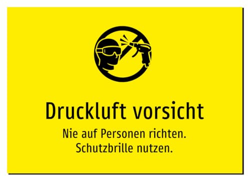 Druckluft vorsicht - Nie auf Personen richten. Schutzbrille nutzen. – Aufkleber A5: 210x148mm – Mit Grafik und Text