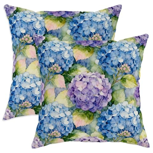Set di 2 federe per cuscini con ortensie, motivo floreale, acquerello, foglia, petali di primavera, blu, in morbido velluto, lavabile, per soggiorno, camera da letto, loft, ufficio, auto, decorazione