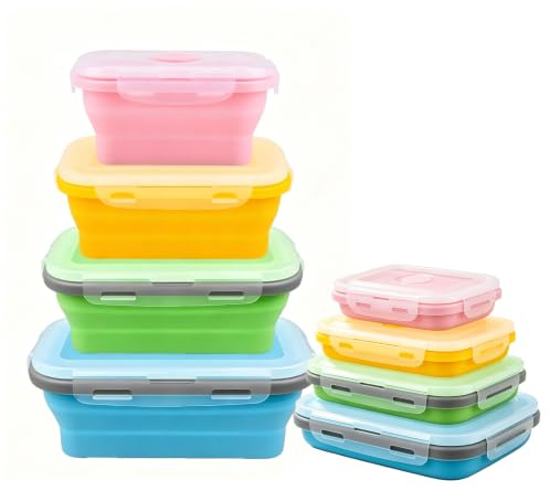 TINA.WIN 4 Pièces Saladier Pliable Camping Boîte de Conservation Alimentaire en Silicone Pliable Boîte à Lunch Pliante pour Micro Ondes Lave Vaisselle Congélateur Pique Nique Voyage Bureau