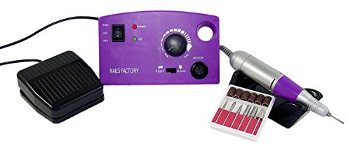 NAILS FACTORY | N&BF Professionelles Nagelfräser Set 35000 U/min Lila | Komplettset inkl. 6 Fräser-Bits + Schleifhülsen | Elektrische Nagelfeile mit Fußpedal für Maniküre & Pediküre