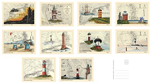 Maritimes Postkarten/Grußkarten/Sammel-Set von Thomas Kubitz mit den Motiven 'Nordsee II' (Leuchttürme, Strandkörbe, Strand, Seemotive auf historischen Seekarten)