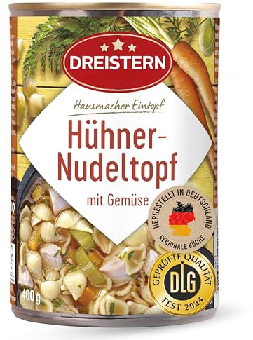 DREISTERN Hühnernudeltopf 400g I Mit Hühnerfleisch & Gemüse I Herzhafter Eintopf in recyclebarer Konservendose I Lange Haltbarkeit dank natürlicher Konservierung I Hausmacher Qualität