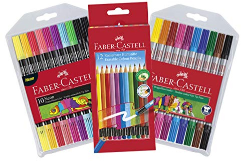 Faber-Castell Radierbare Buntstifte mit Gummitip, 12er Kartonetui (+ 10er Etui Doppelfasermaler & 10er Etui Doppelfasermaler Neon)