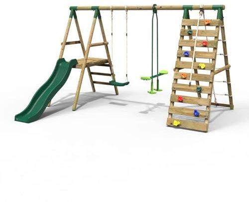 Rebo® Wooden Swing Set with Deck and Slide Plus Up and Over Climbing Wall - Obsidian Green | OutdoorToys | Sturdy Wooden Construction, Pressure Treated Timber