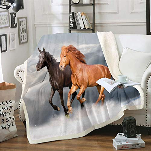 Couverture en polairee en 3D Cheval pour Enfants,garçons,Animal Sauvage,Style Sherpa Sauvage,et Couverture Simple 127 x 152,4 cm