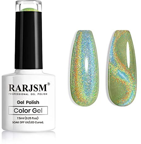 RARJSM Rainbow Cat Eye Gel Nail Polish Laser Glitter Green Gel Polish Holographic Effect Soak Off Led UV Curing Requires without Magnetic Stick for Salon Home DIY Nail Art Single Bottle 1pcs 7.5ml