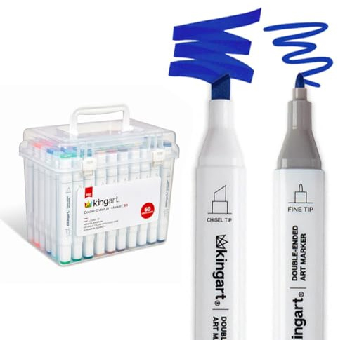 KINGART PRO Double-Ended Alcohol Ink Art Markers, 60 COLORS, Fine Point & Chisel Tips, Permanent with Superior Blendability, Includes Plastic Case, 60 Pc.