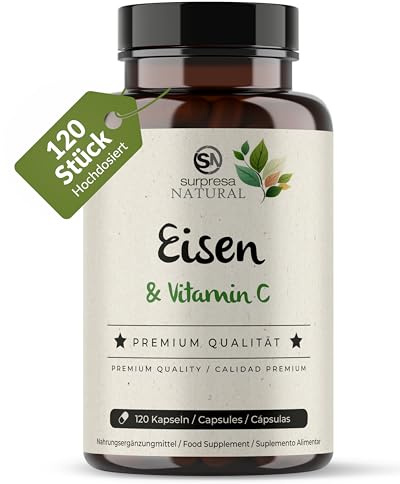 Surpresa Natural Eisen Vitamin C Kapseln I 1 x 120 Stück I Supplement mit 14mg natürlichem Eisen & 80mg Vitamin C I Vorrat für 4 Monate I Eisenkapseln hochdosiert I 100% vegan & natürlich