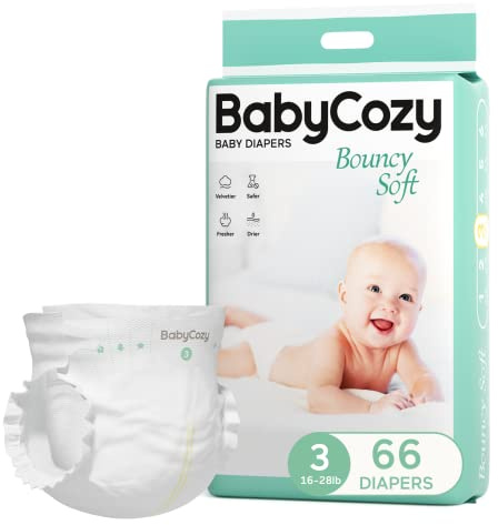 Baby Diapers Size 3(16-28lb),66 Count Babycozy Dry Disposable Diapers,Bouncy Soft Diapers Hypoallergenic Without Chlorine, Eco Friendly,Stop Overnight Diapers Leak