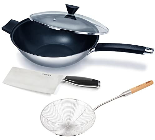 Ken Hom Edelstahl Wok 32 cm Induktion antihaftbeschichtet mit Glasdeckel - Stielwokpfanne im Set mit Edelstahl Schaumlöffel & 18 cm Hackmesser - für alle Herdarten geeignet