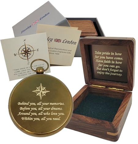 Engravable Antique Brass Pocket Compass with Gift Box | Solid Brass Compass with Optional Hardwood Storage Box and Custom Engraved Plaque for Keepsake or Gift (Graduation - Behind You)