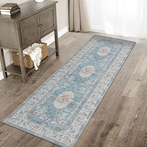 TALETA Teppich Läufer Flur rutschfest waschbar, Küchenläufer bunter Küchenteppich Vintage, Teppich Läufer für Küche, Terrasse, Treppen, Flur, Gang, blau, 80 x 300 cm
