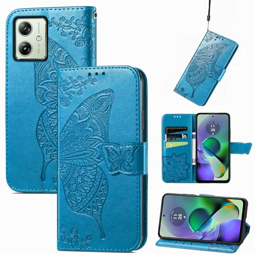 JIUNINE Funda Libro para Motorola Moto G54 5G, Azul | Carcasa Tipo Cuero Sintético, Relieve Mariposas, Cierre Magnético, Ranuras para Tarjetas, Soporte Plegable, Protección 360°