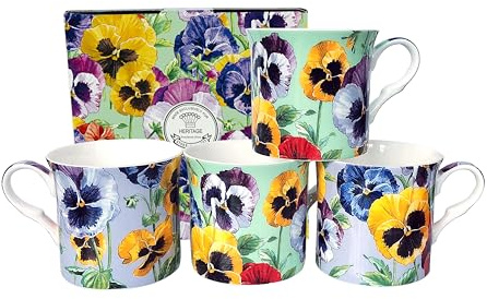 heritage FINE Bone China Set of 4 Mugs Gift Boxed Pansy New Mugs