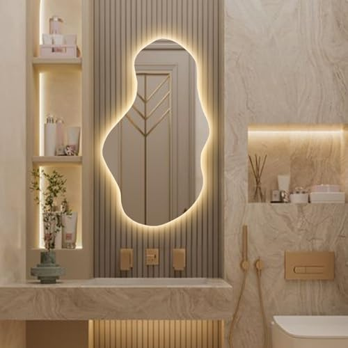 FAWdecor Irregular Led Lighted Mirror for Bathroom, Asymmetrical Vanity Mirror with Lights, Washbasin Backlit Led Illuminated Wall Mirror (Warm Ligth, 42x74 cm)