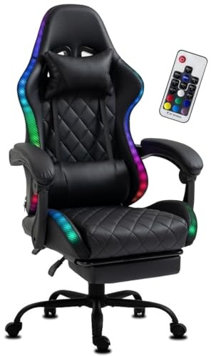 Delman Gamingstol, kontorsstol, spelstol med LED, RGB-belysning, snurrstol, tjock stoppning, metallfotkrys, fotstöd 02–0055 (svart)