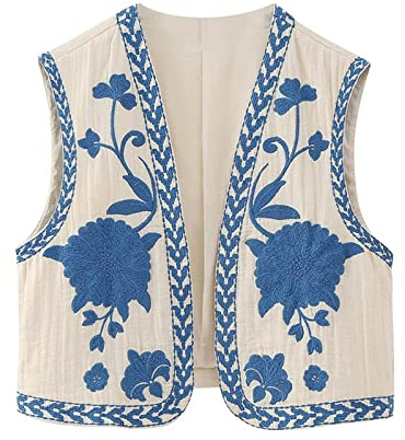 Qianderer - Chaleco de moda con flores bordadas vintage para mujer, estilo Y2K, de lino, sin mangas, con abertura frontal, S