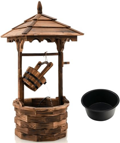 GiantexUK Wooden Garden Wishing Well, Decorative Water Fountain with Electric Pump, 5 Adjustable Water Flow Rates & 12.1L Water Bucket, Rustic Outdoor Water Feature Planter for Patio Backyard Lawn