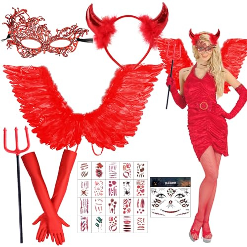 Diavolo Costume Donna con Ali Rosse e Corna Rosse, Forcone Halloween, Cosplay Feste