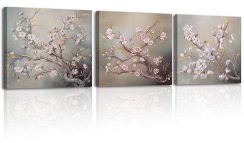 Piy Painting Peinture sur Toile fleur de pêcher, Impression sur Toile Fleurs roses, Décoration Murale Tableau pour Salle à manger Chambre Maison, lot de 3, 30x30cm (90x30cm), Cadre en Bois Intégré