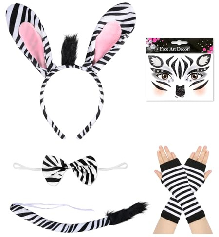 Zebra Kostüm Set, 5 Stück Zebra Kostüm Damen Kinder Tierkostüm,Zebra Ohren Haarreif,Fliege,Zebra Schwanz,Tattoo Gesicht für Faschingskostüm,Halloween,Dschungel Kostüm,Karneval,Party Animals Cosplay