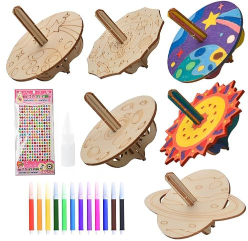 Probuk Holzkreisel Bausatz Kinder, 12 StüCk Planeten Kreisel, Kinder Holz Bastelset Mit Farbiger Pinsel Und Glitzersticker, Diy Holz-Gyroskope Basteln FüR Jungen 4 5 6 7 8 9 Jahre