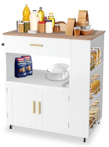 HENGMEI Kücheninselwagen auf Rollen Küchenwagen Bewegliche Küchen Wagen mit Arbeitsplatte Lagerschrank Küchenschrank, Rollwagen Kücheninsel mit Handtuchhalter und 3 Gewürzregalen 75x46x93 cm (Typ B)