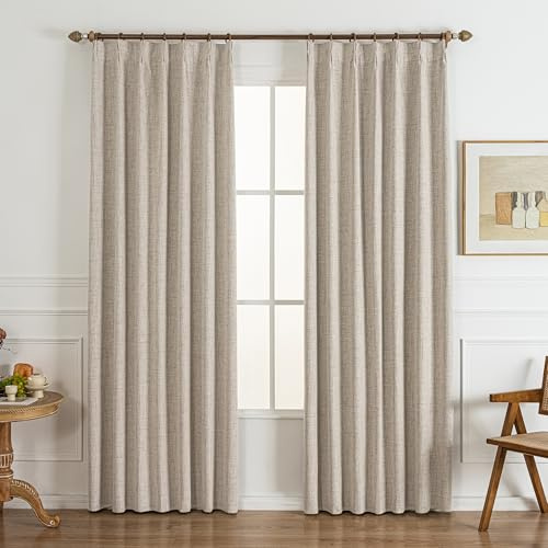 Gleantdeco Cortinas plisadas 100 % opacas de lino natural de 120 pulgadas de largo, para dormitorio o sala de estar, juego de 2 paneles, oscurecimiento neutro de la habitación, cortina de ventana con