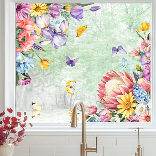 Tanlaby Fensterbilder Blumen Fensteraufkleber Sommer Frühling Pflanzen Bunt Schmetterling Anti-Kollision Fenstersticker Glastüren Fensterdeko Aufkleber Wohnzimmer Küche Büro