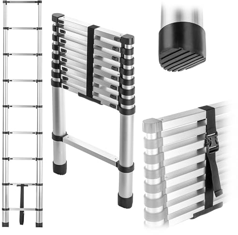 KADAX Aluminium Teleskopleiter, 9 Stufen, ausziehbar bis 2,6 m, Tragfähigkeit 125 kg, klappbar mit Antirutsch-Füßen