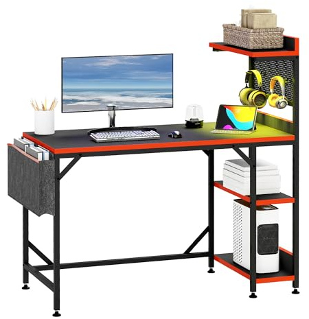YITAHOME Computer Desk with Shelves, Corner Gaming Desk with LED Lighting Pegboard, 113CM Reversible Gamer Writing Table with Side Pocket Bag, 2 Hooks Accessories for Home Office Small Space