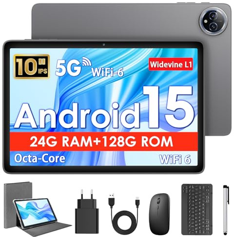 MENTUME 10 Inch Tablet, Android 15 Tablet with Keyboard, 24 GB RAM+128 GB ROM, 1 TB Expand, Octa-Core 6000mAh 1280x800 IPS HD, 5G WiFi, T615 High Performance CPU Processor, Dual Camera (Black)