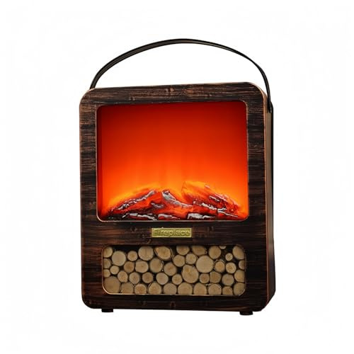 Simulated LED Fireplace Lantern USB & Battery Powered Flameless Light with Emulation Flame Table Decorative Lamp Copper Fireplace Ornament for Cozy Home Decor Free Standing Electric Log Burner