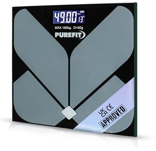 PUREFIT Digital Bathroom Scale for Measuring Body Weight - Ultra Slim, High Precision, Smart Scale with LED Display – Tempered Glass - Weighing Scale with Battery Included LB/KG/ST Max Weight 180KG