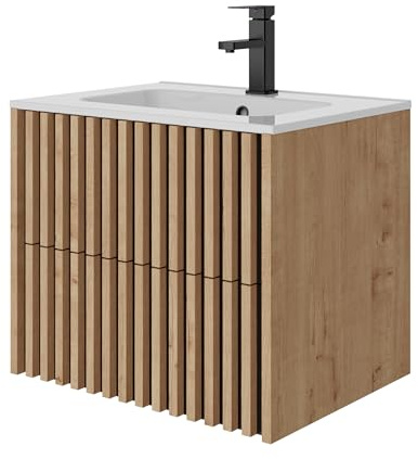 UEV Waschtisch mit Unterschrank, Waschbeckenunterschrank 60cm hängend,Natur | Waschplatz, Keramik Waschbecken, Badezimmmer Möbel für Gäste WC, Badmöbel Set