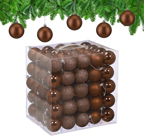 Relaxdays Palline di Natale, Set 100 Palle Albero, Addobbi Natalizi, ∅ 6 cm, in Plastica Opaca, Lucida, Glitter, Marrone