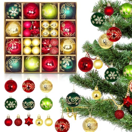 44 Stücke Weihnachtskugeln, Bruchsichere Weihnachtsbaumkugeln Kunststoff, Christbaumschmuck mit Hängeseil Groß/Mini Weihnachts Kugeln, Süße Christbaumkugeln, Baumkugel für Weihnachtsbaum Deko