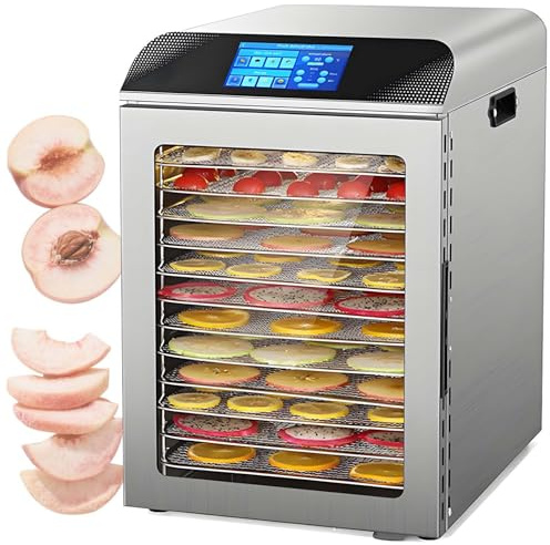 QFGain Deshidratador De Alimentos Comercial, Pantalla TáCtil Inteligente, 12 Bandejas De Acero Inoxidable con Puerta De Vidrio, Secado Uniforme De 360° para Frutas Y Golosinas para Perros