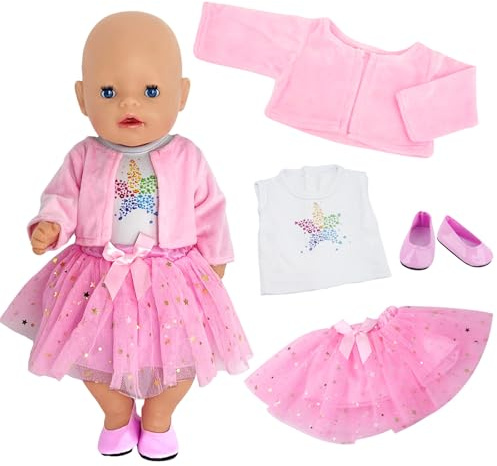 Puppenkleidung 43cm 36cm 38cm, 4 Stück Rosa Puppezubehör 35-43cm Outfit mit Strickjacke Unterhemd Tutu Kleid Lederschuhe für 12-18 Zoll Puppen Zubehör Kinder Mädchen Geschenk