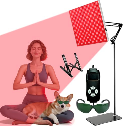 Lámpara de terapia con luz roja para rostro y cuerpo, panel de calentamiento con LED infrarrojo cercano (225 LEDs), con 5 niveles de brillo, temporizador y soporte, alivia la tensión muscular