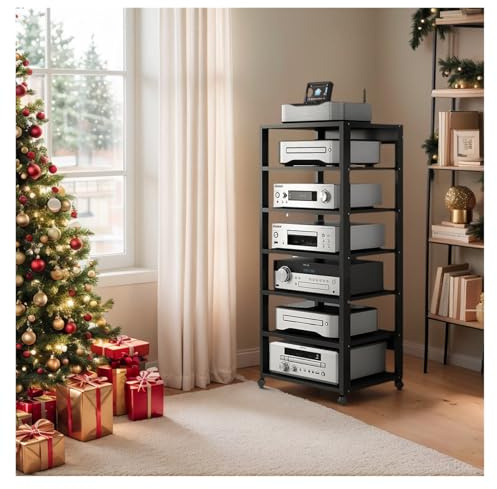 Audio HiFi Regal Rack Rack Audio HiFi Multifunzionale 7 Livelli – Mobile Unterstützung mit universellen Rotellen, Gerüst for A/V-Geräte, modernes und Robustes Design, Tragfähigkeit 150 kg(Schwarz)