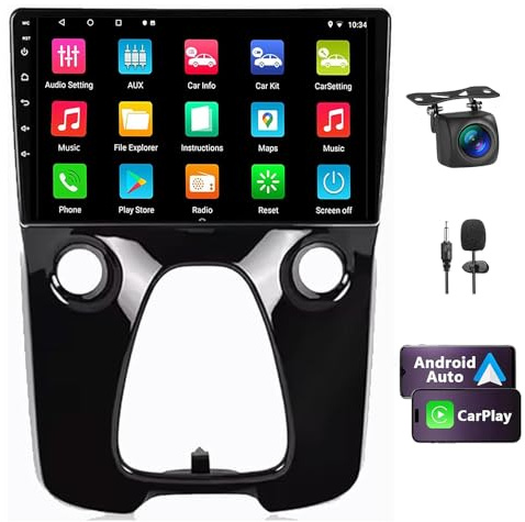 Dubbel Din radio för Peugeot 108 2014-2021, för Toyota Aygo B40 huvudenhet med skärm Bluetooth,10 tum IPS-pekskärm bilradio med trådlös Carplay Android Auto Navi WiFi backkamera FM/RDS 2+32G