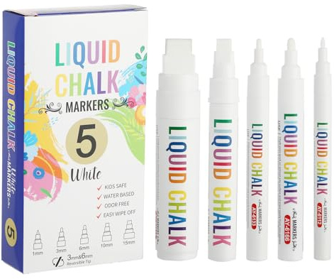 IMALPQPP 5 Rotuladores de Tiza Líquida Blancos Lavables para Ventanas y Pizarra – Rotulador tiza liquida borrable, rotuladores pizarra blanca, rotuladores cristal borrable, puntas 1/3/6/10/15 mm