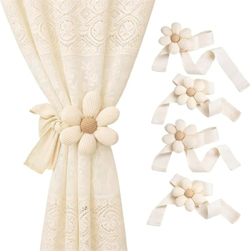 4 Stück Vorhang Halter, Gardinen Halter, Beige Blumen Gardinen Band, 80 Cm Lang, Vorhanghalter Mit Baumwoll- Und Leinenmaterial, Gardinen Raffhalter Für Wohnungen, Büros Und Haus Kinderzimmer Deko