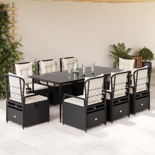 Yunovire 9-TLG. Garten-Essgruppe Schwarz Poly Rattan, verstellbare Relaxsessel mit Cremeweißen Kissen, 200x100cm Glastisch für Terrasse, Balkon, Außenbereich